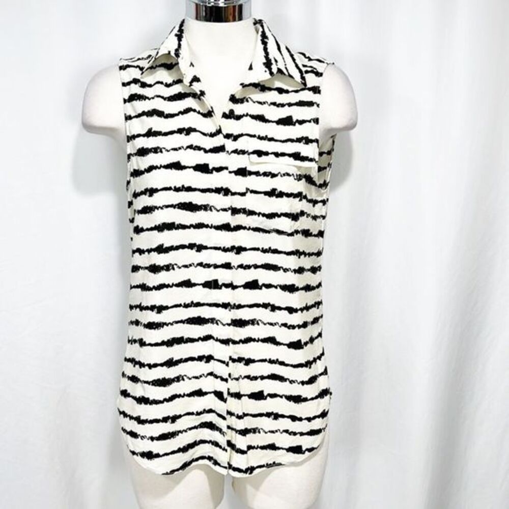 PARKER Zebra Striped Sleeveless Silk Blouse Cream & Black W Split Back Small